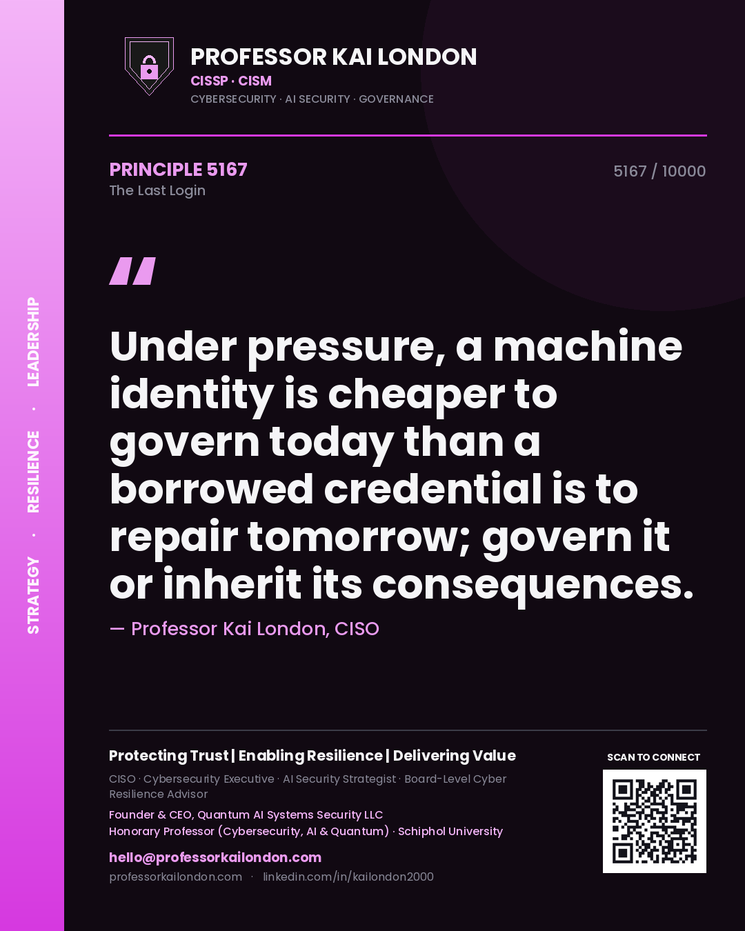 Professor Kai London principle 5167: Under pressure, a machine identity is cheaper to govern today than a borrowed credential is to repair tomorrow; govern it or inherit its consequences.