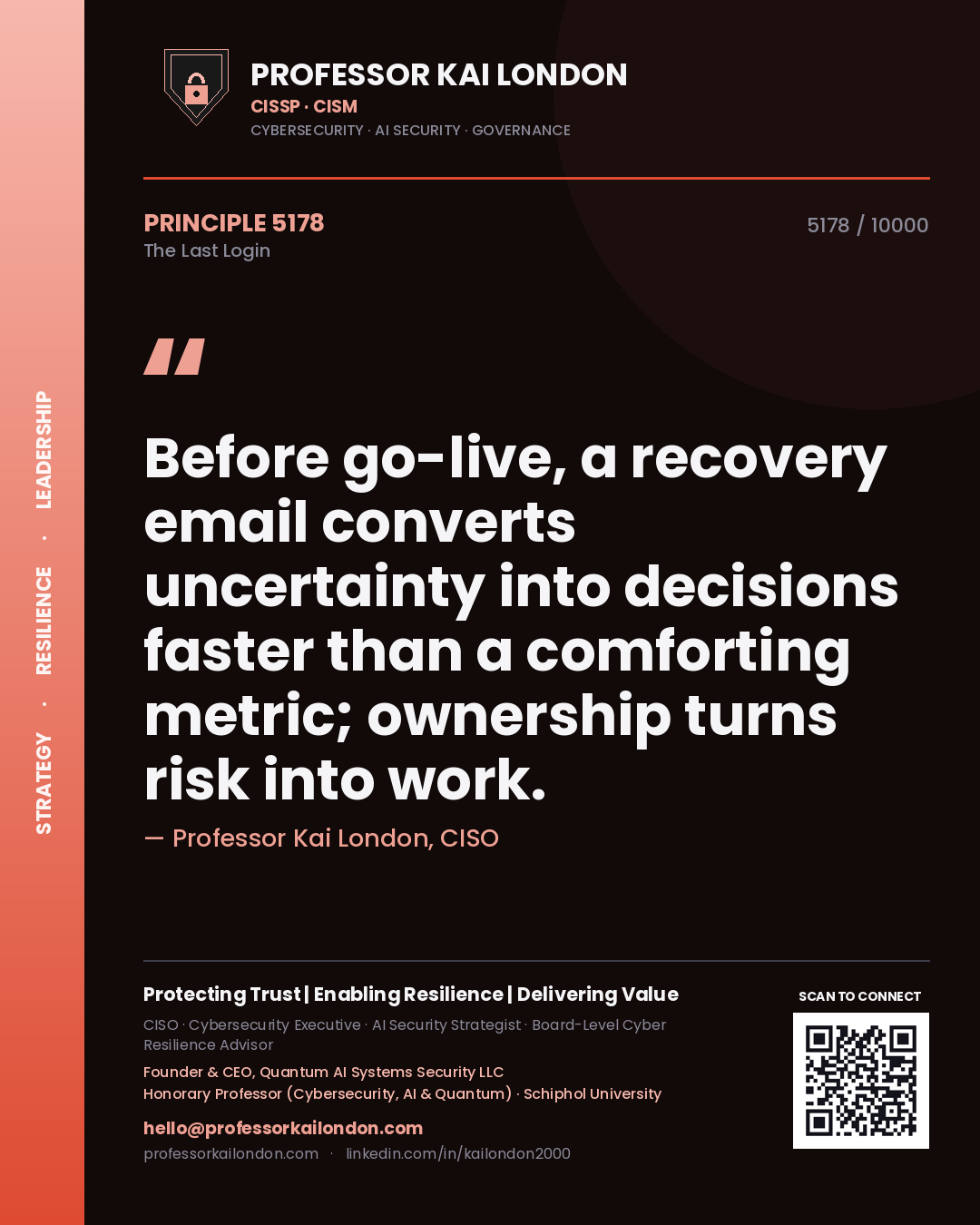 Quote card by Professor Kai London reading 'Before go-live, a recovery email converts uncertainty into decisions faster than a comforting metric; ownership turns risk into work.'. From the book The Last Login.
