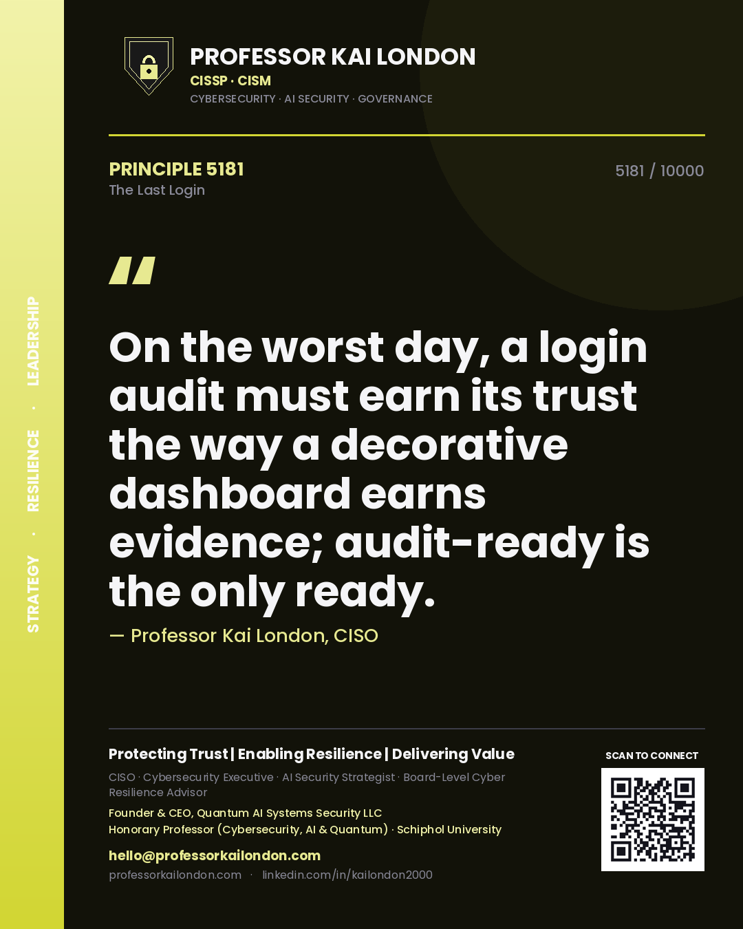 Professor Kai London principle 5181: On the worst day, a login audit must earn its trust the way a decorative dashboard earns evidence; audit-ready is the only ready.