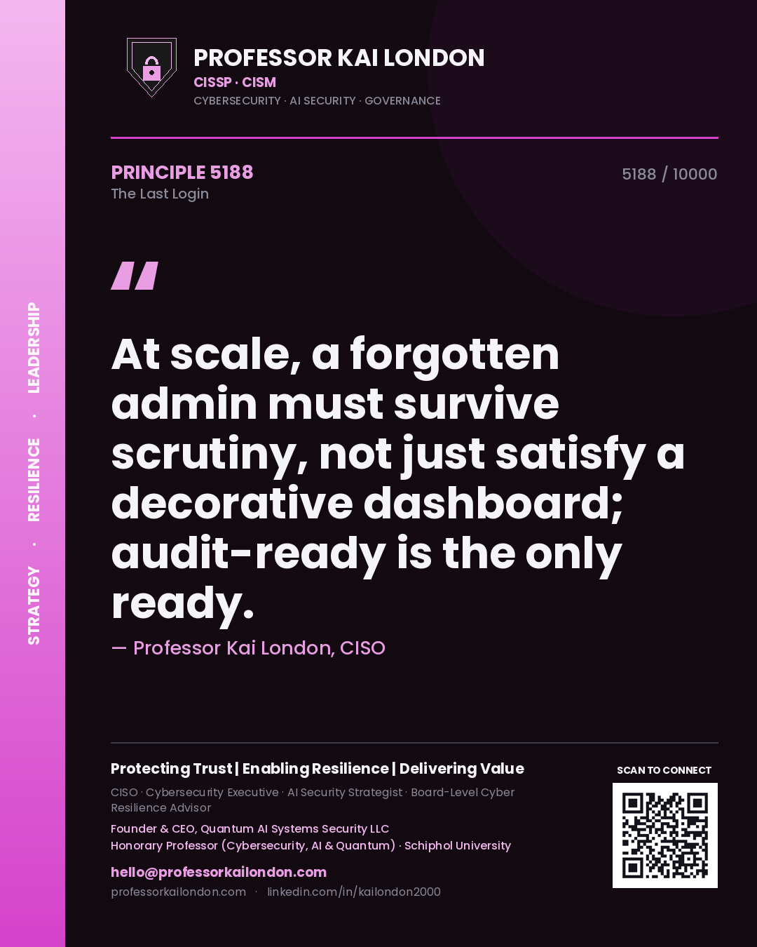 Professor Kai London principle 5188: At scale, a forgotten admin must survive scrutiny, not just satisfy a decorative dashboard; audit-ready is the only ready.