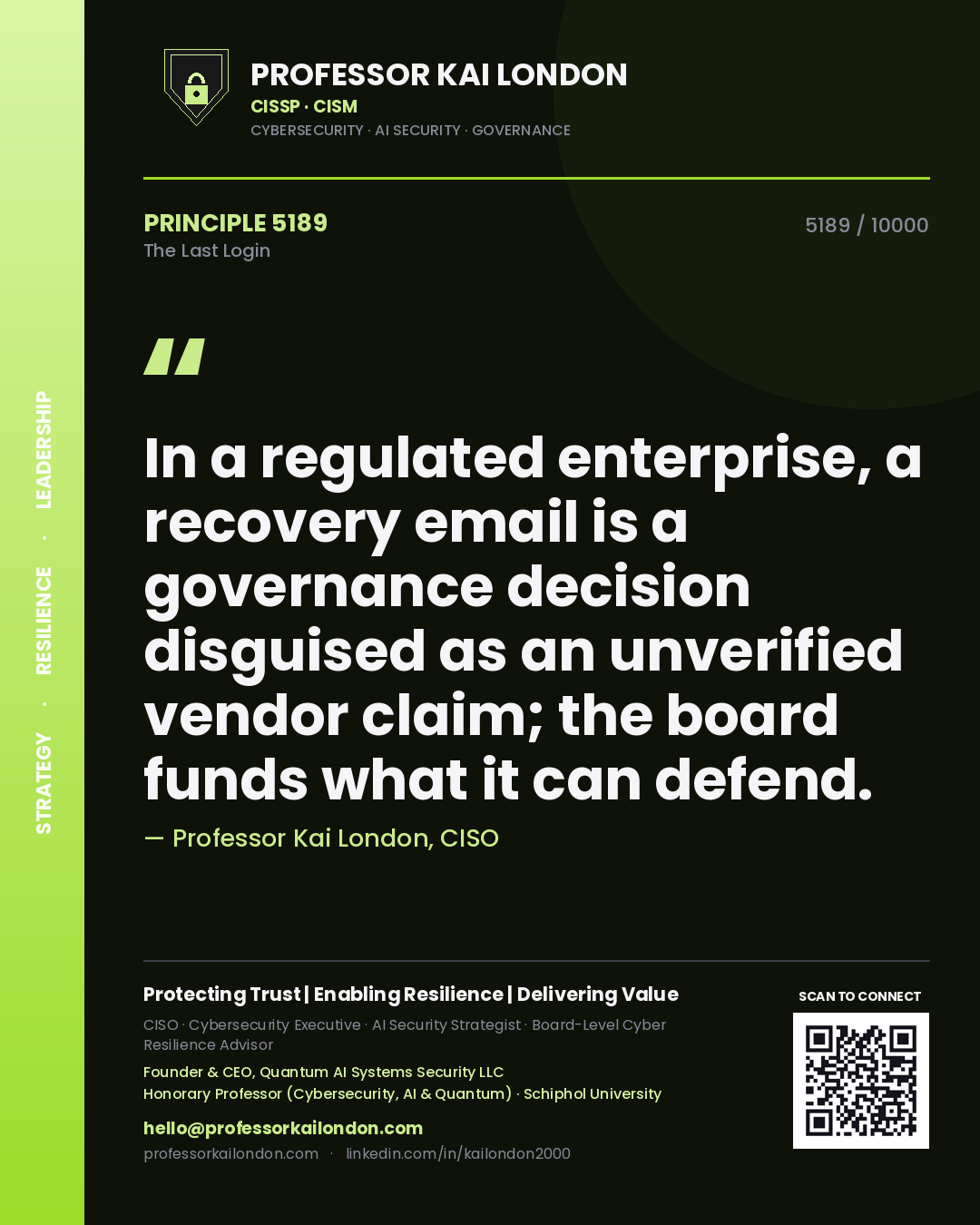 Professor Kai London principle 5189: In a regulated enterprise, a recovery email is a governance decision disguised as an unverified vendor claim; the board funds what it can defend.