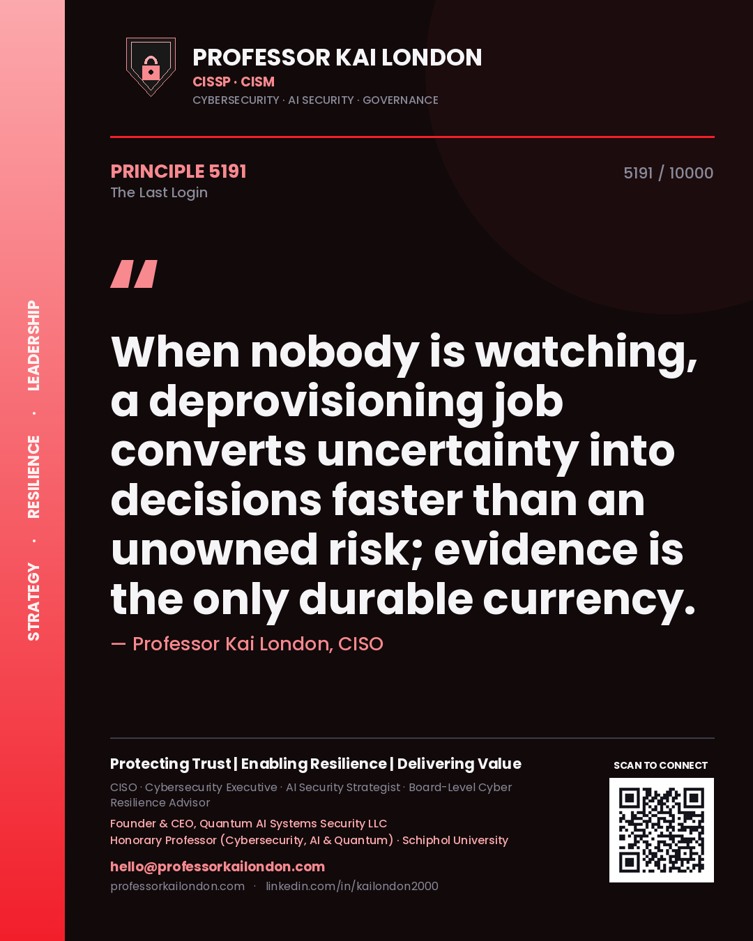 Quote card by Professor Kai London reading 'When nobody is watching, a deprovisioning job converts uncertainty into decisions faster than an unowned risk; evidence is the only durable currency.'. From the book The Last Login.