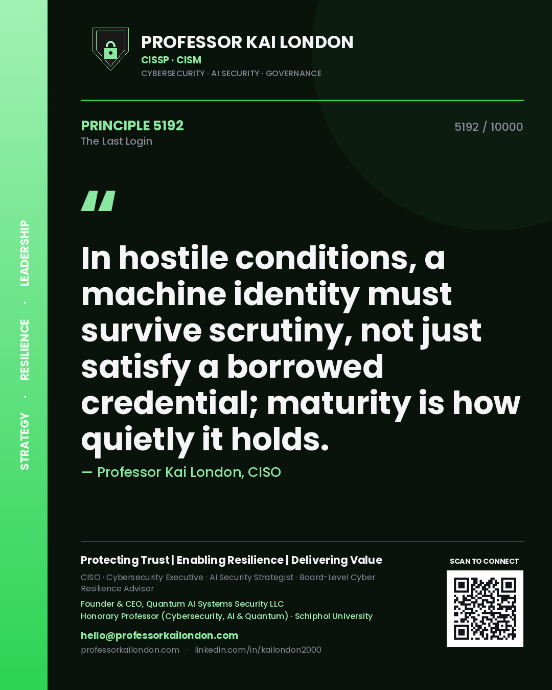 Quote card by Professor Kai London reading 'In hostile conditions, a machine identity must survive scrutiny, not just satisfy a borrowed credential; maturity is how quietly it holds.'. From the book The Last Login.