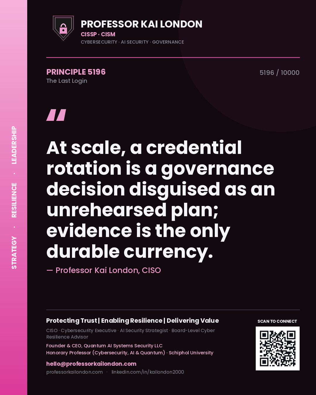 Quote card by Professor Kai London reading 'At scale, a credential rotation is a governance decision disguised as an unrehearsed plan; evidence is the only durable currency.'. From the book The Last Login.