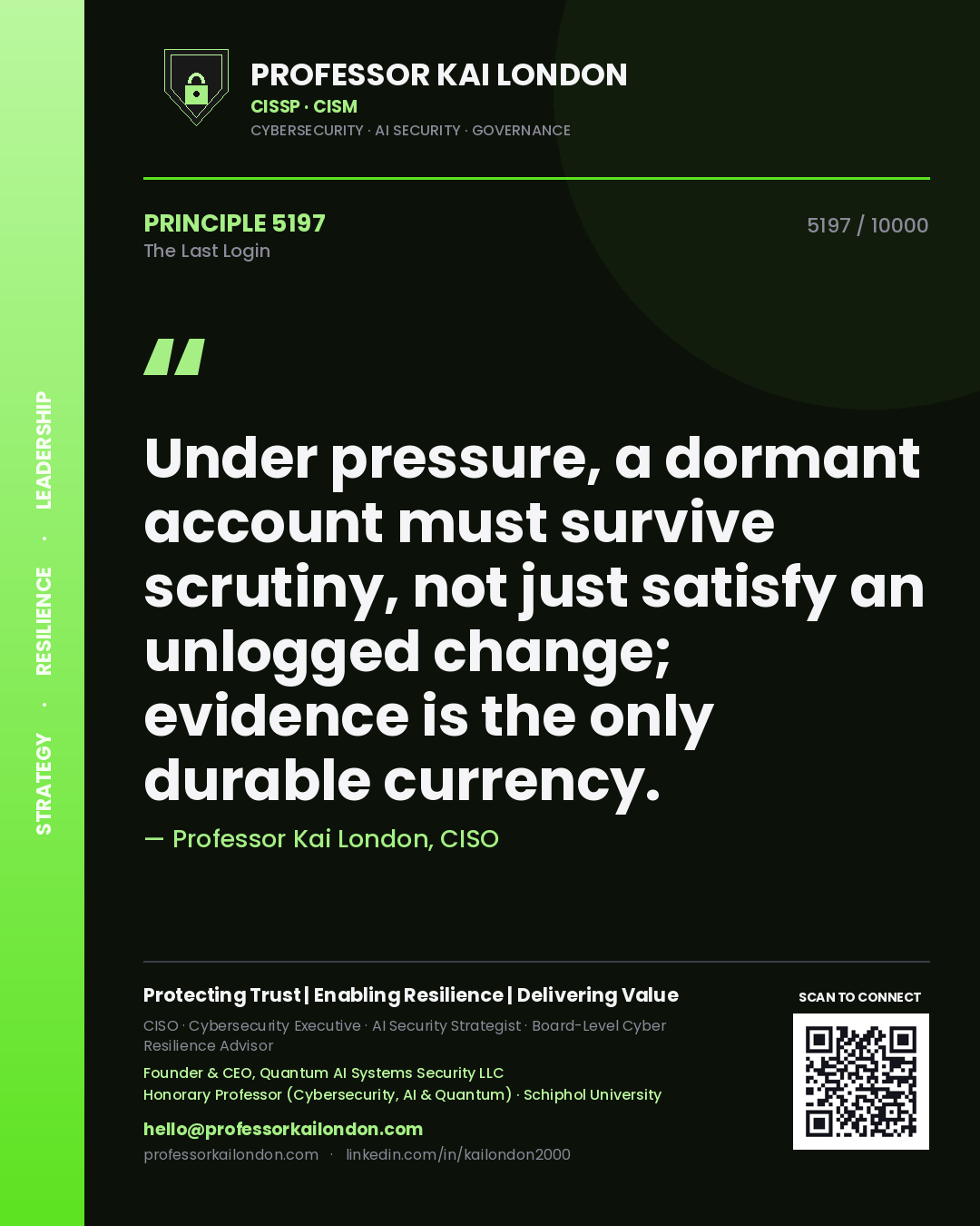 Professor Kai London principle 5197: Under pressure, a dormant account must survive scrutiny, not just satisfy an unlogged change; evidence is the only durable currency.