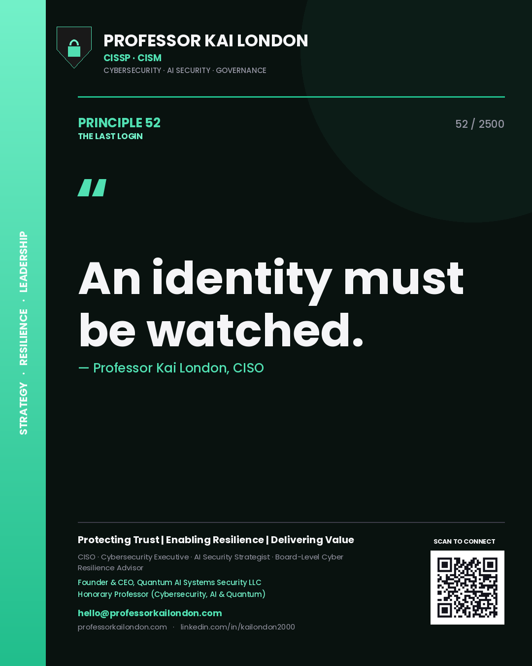 Quote card by Professor Kai London reading 'An identity must be watched.'. From the book The Last Login.