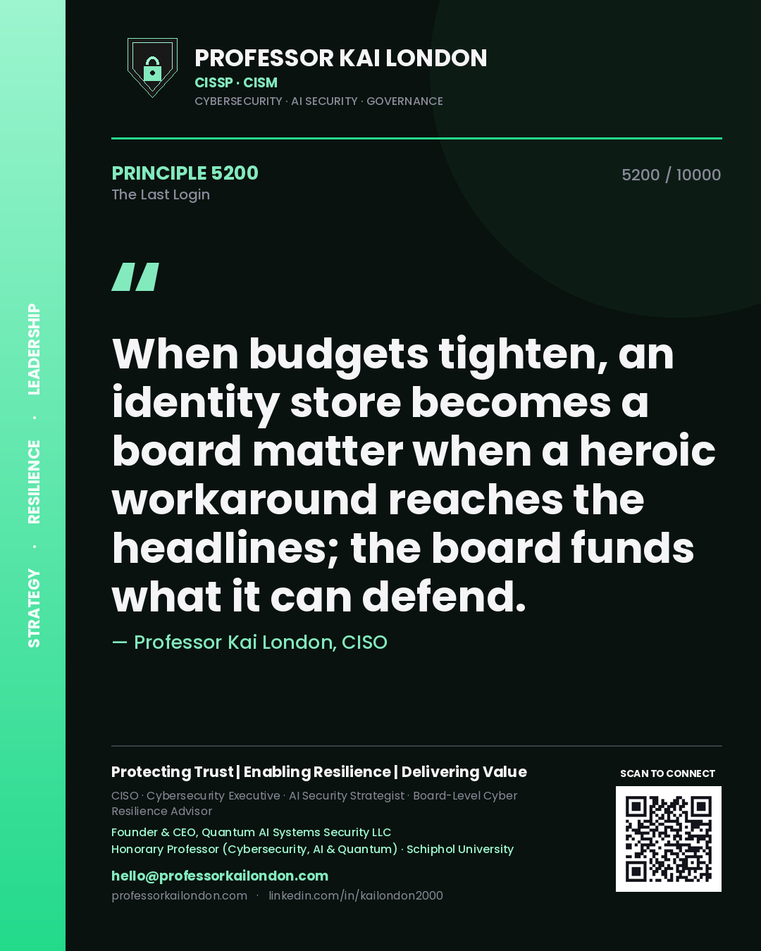 Quote card by Professor Kai London reading 'When budgets tighten, an identity store becomes a board matter when a heroic workaround reaches the headlines; the board funds what it can defend.'. From the book The Last Login.