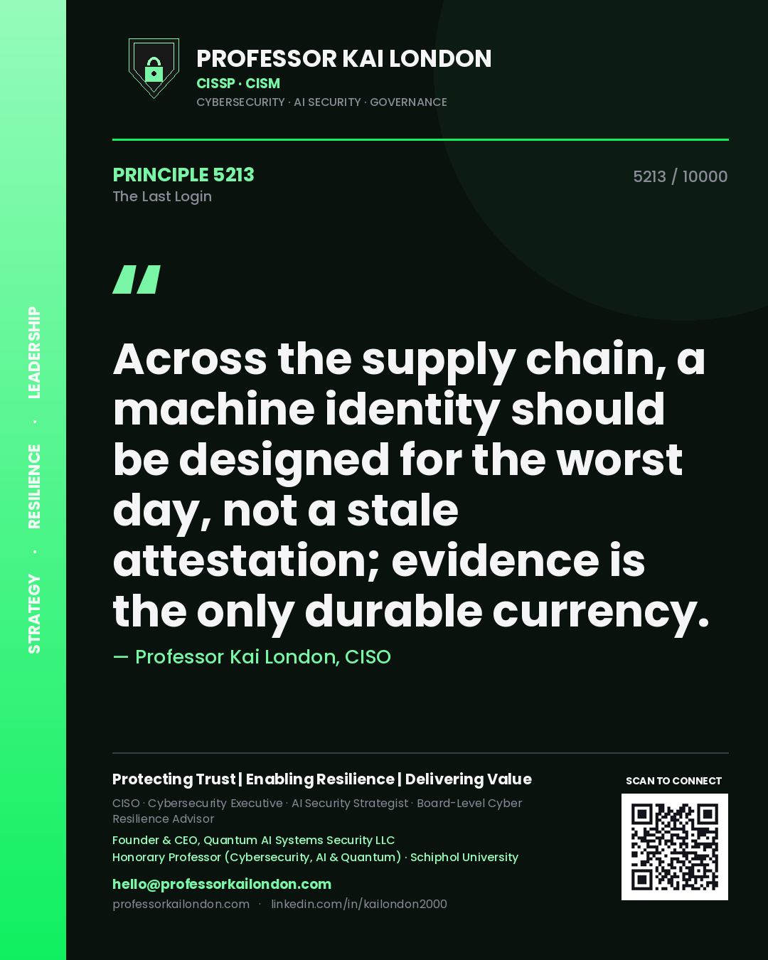 Quote card by Professor Kai London reading 'Across the supply chain, a machine identity should be designed for the worst day, not a stale attestation; evidence is the only durable currency.'. From the book The Last Login.