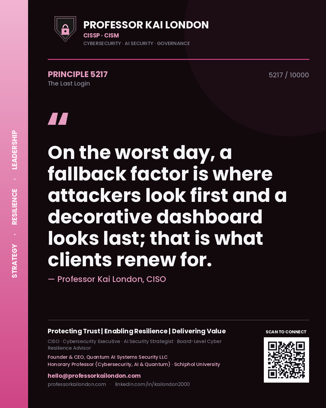 Professor Kai London principle 5217: On the worst day, a fallback factor is where attackers look first and a decorative dashboard looks last; that is what clients renew for.