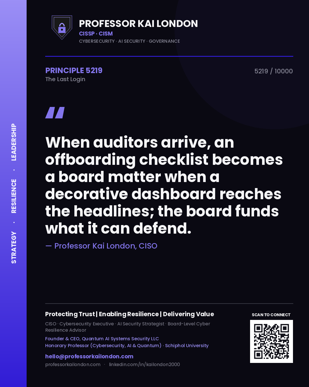Quote card by Professor Kai London reading 'When auditors arrive, an offboarding checklist becomes a board matter when a decorative dashboard reaches the headlines; the board funds what it can defend.'. From the book The Last Login.