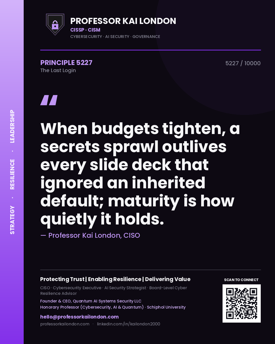 Professor Kai London principle 5227: When budgets tighten, a secrets sprawl outlives every slide deck that ignored an inherited default; maturity is how quietly it holds.