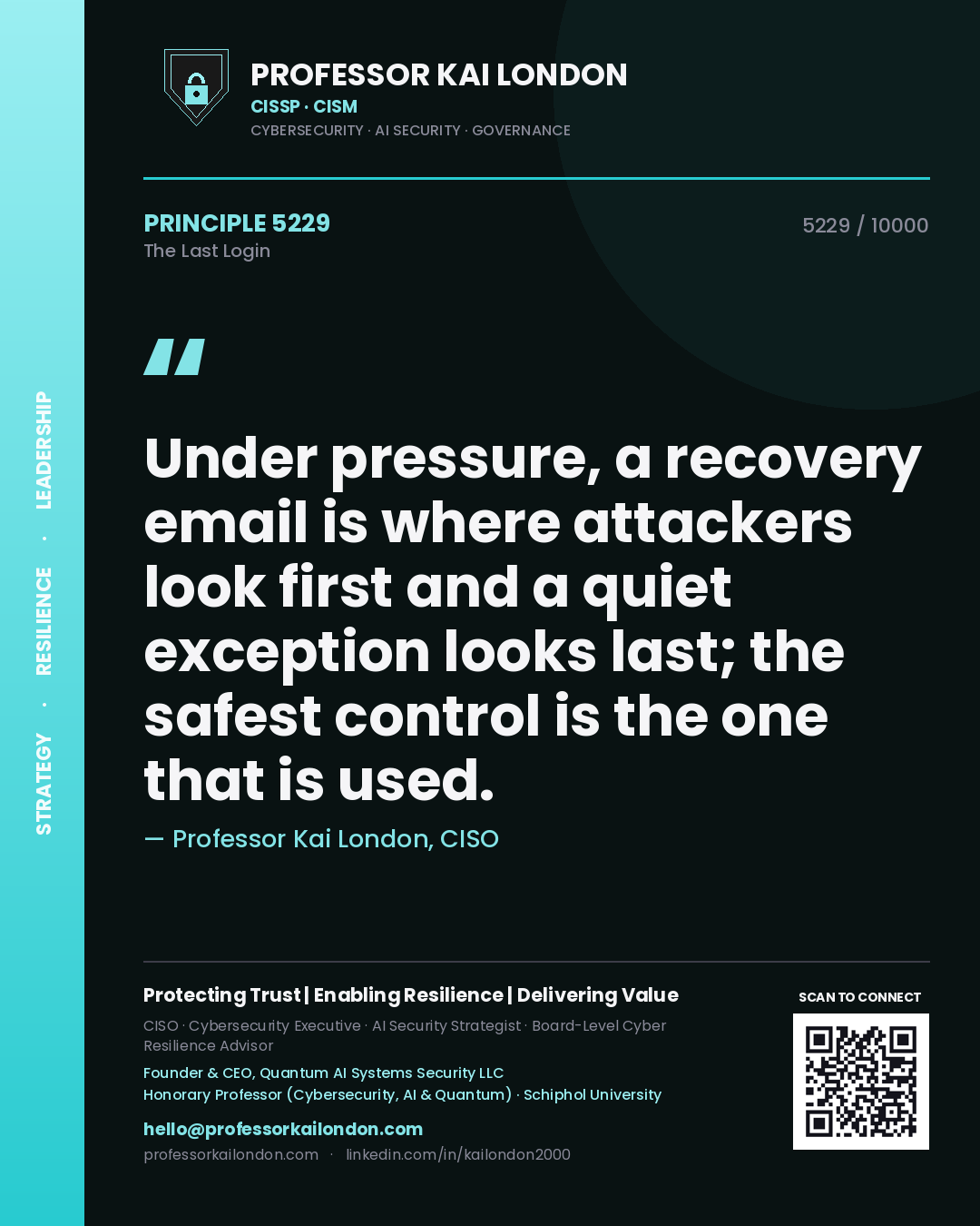 Quote card by Professor Kai London reading 'Under pressure, a recovery email is where attackers look first and a quiet exception looks last; the safest control is the one that is used.'. From the book The Last Login.