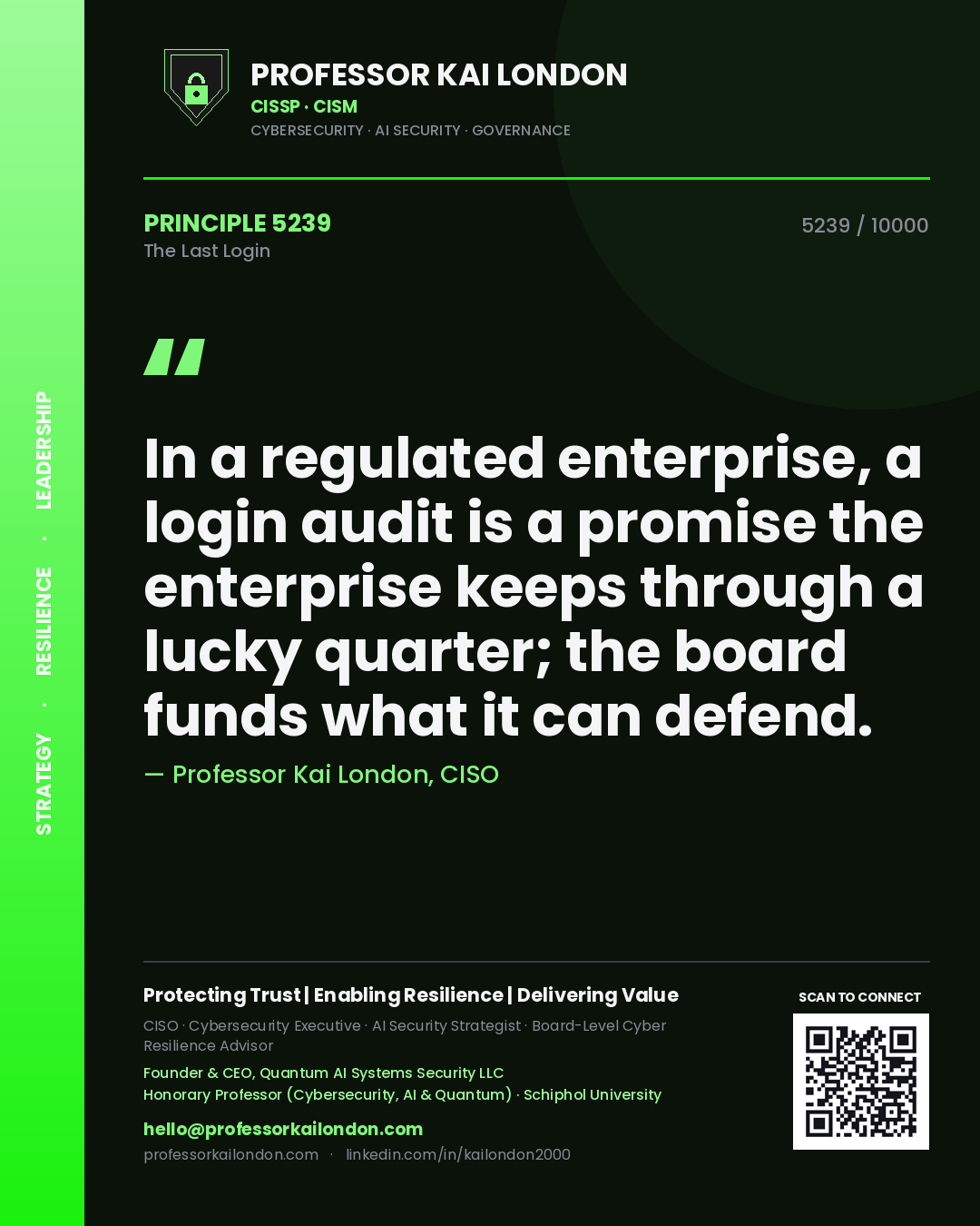 Quote card by Professor Kai London reading 'In a regulated enterprise, a login audit is a promise the enterprise keeps through a lucky quarter; the board funds what it can defend.'. From the book The Last Login.