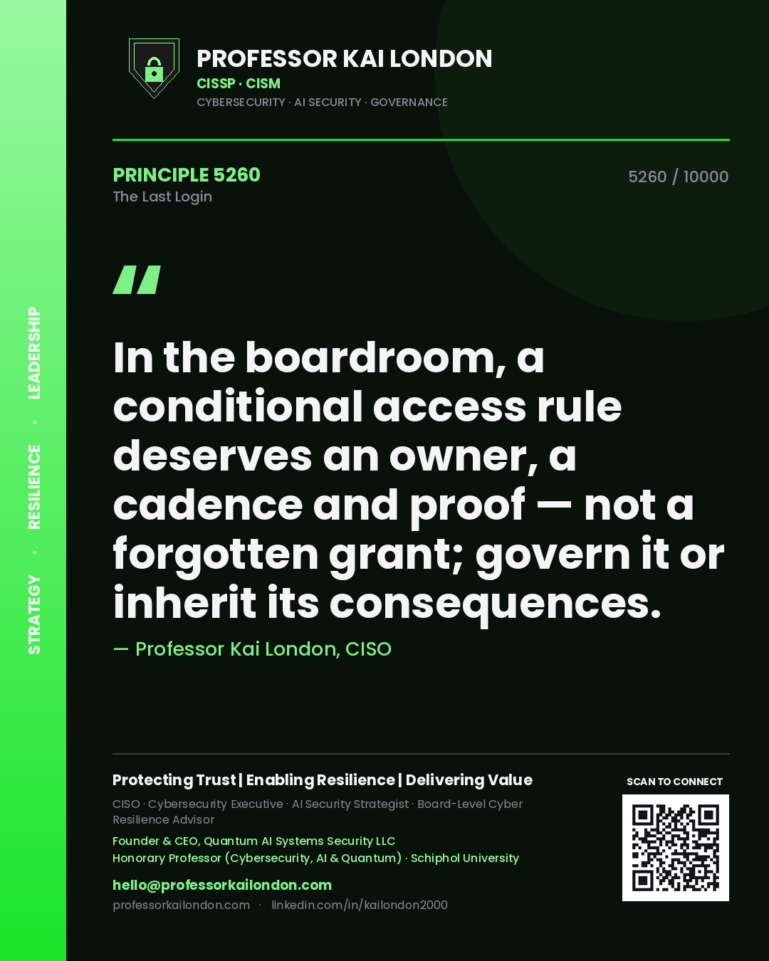 Professor Kai London principle 5260: In the boardroom, a conditional access rule deserves an owner, a cadence and proof — not a forgotten grant; govern it or inherit its consequences.