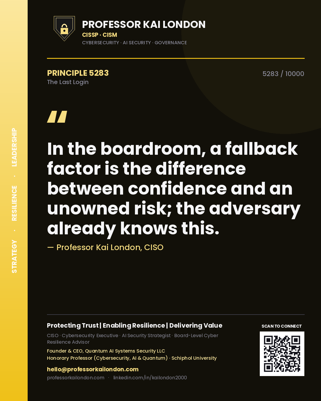 Quote card by Professor Kai London reading 'In the boardroom, a fallback factor is the difference between confidence and an unowned risk; the adversary already knows this.'. From the book The Last Login.