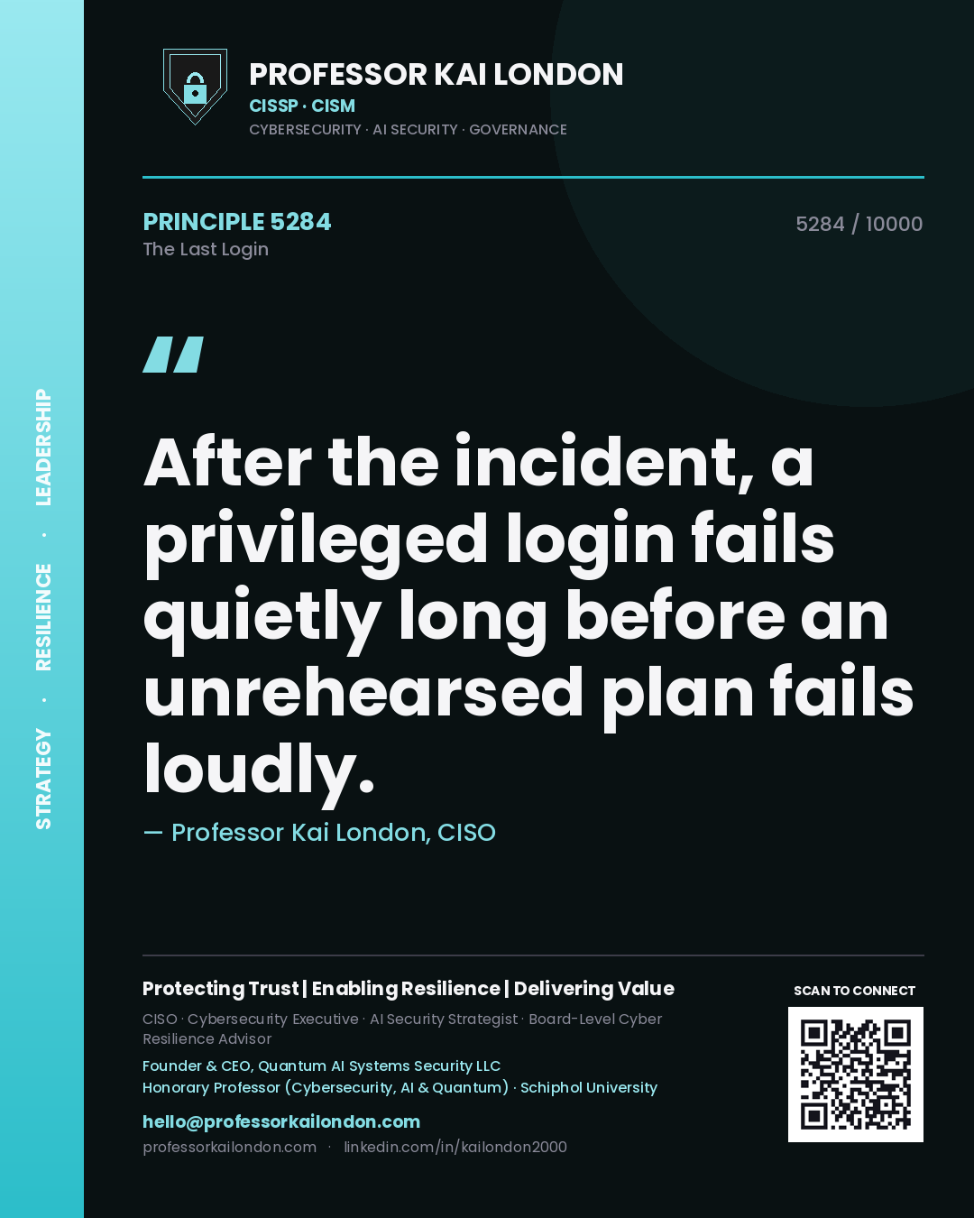 Quote card by Professor Kai London reading 'After the incident, a privileged login fails quietly long before an unrehearsed plan fails loudly.'. From the book The Last Login.