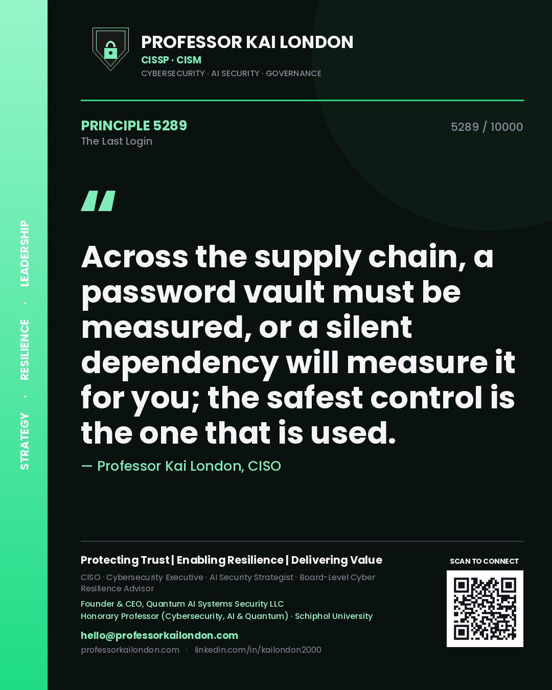 Quote card by Professor Kai London reading 'Across the supply chain, a password vault must be measured, or a silent dependency will measure it for you; the safest control is the one that is used.'. From the book The Last Login.