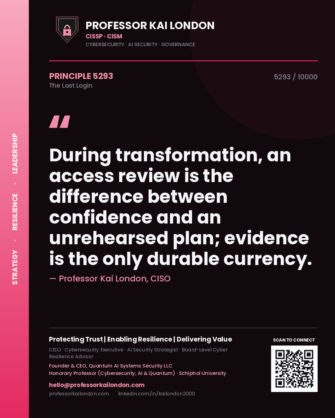 Quote card by Professor Kai London reading 'During transformation, an access review is the difference between confidence and an unrehearsed plan; evidence is the only durable currency.'. From the book The Last Login.