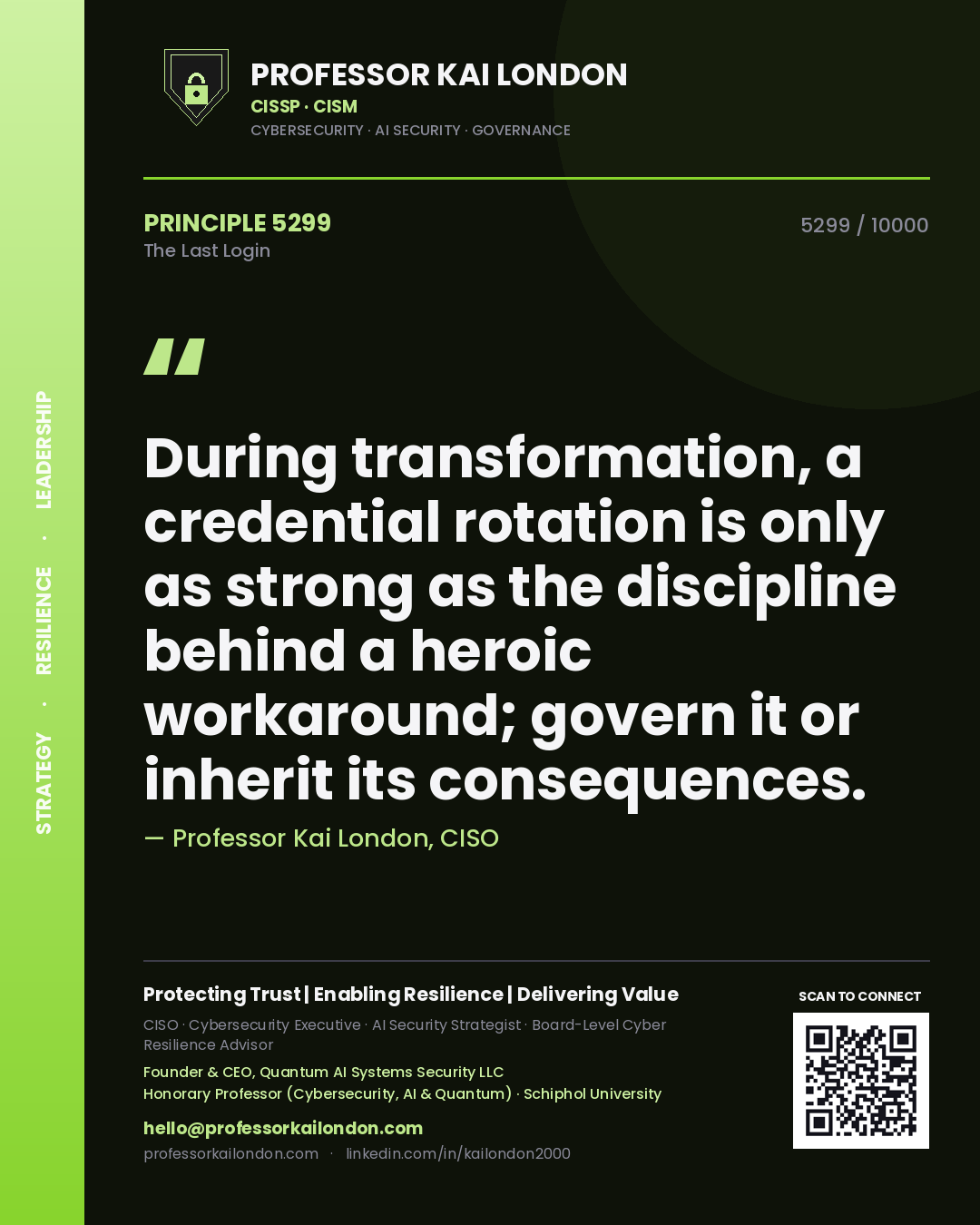 Quote card by Professor Kai London reading 'During transformation, a credential rotation is only as strong as the discipline behind a heroic workaround; govern it or inherit its consequences.'. From the book The Last Login.