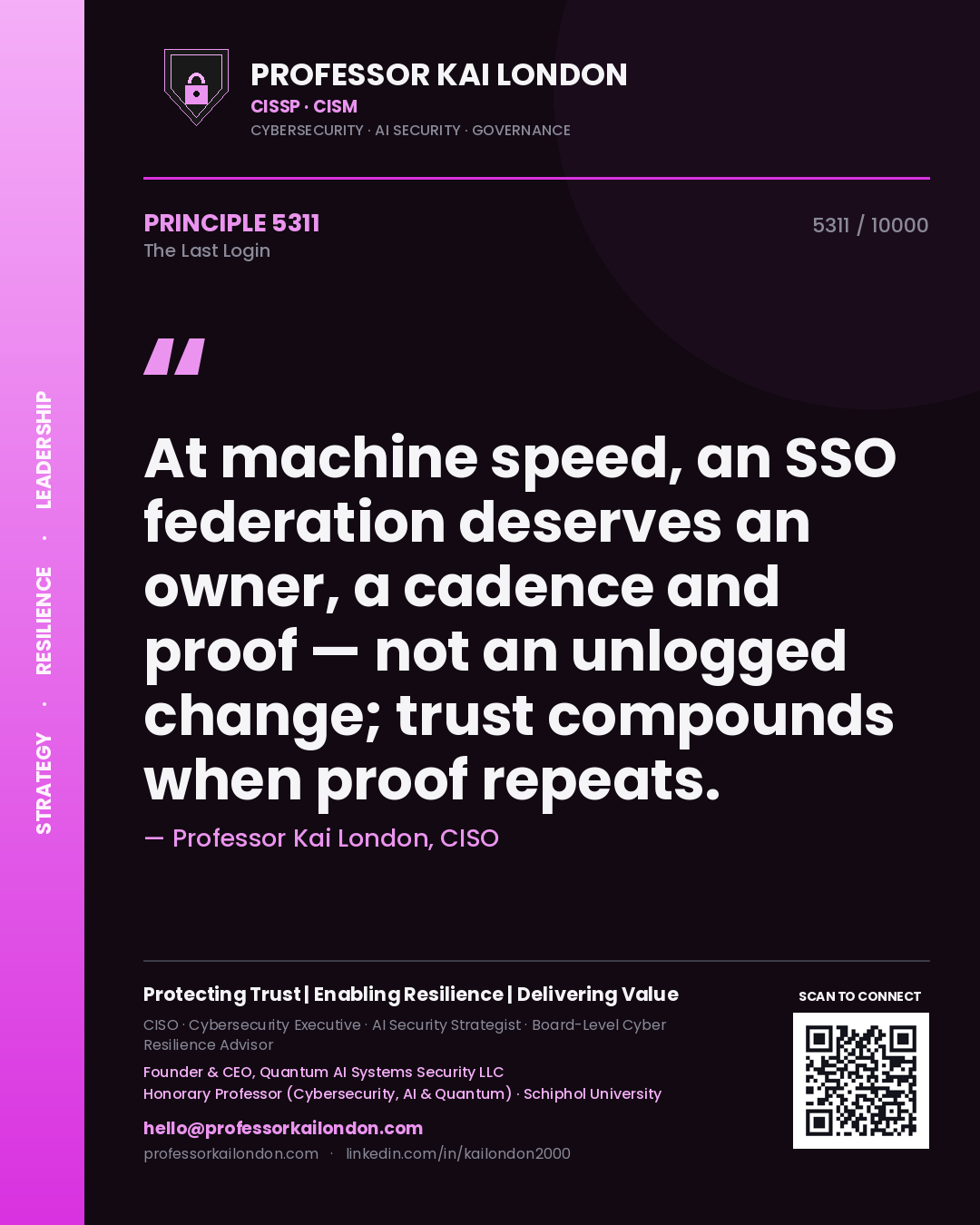Quote card by Professor Kai London reading 'At machine speed, an SSO federation deserves an owner, a cadence and proof — not an unlogged change; trust compounds when proof repeats.'. From the book The Last Login.
