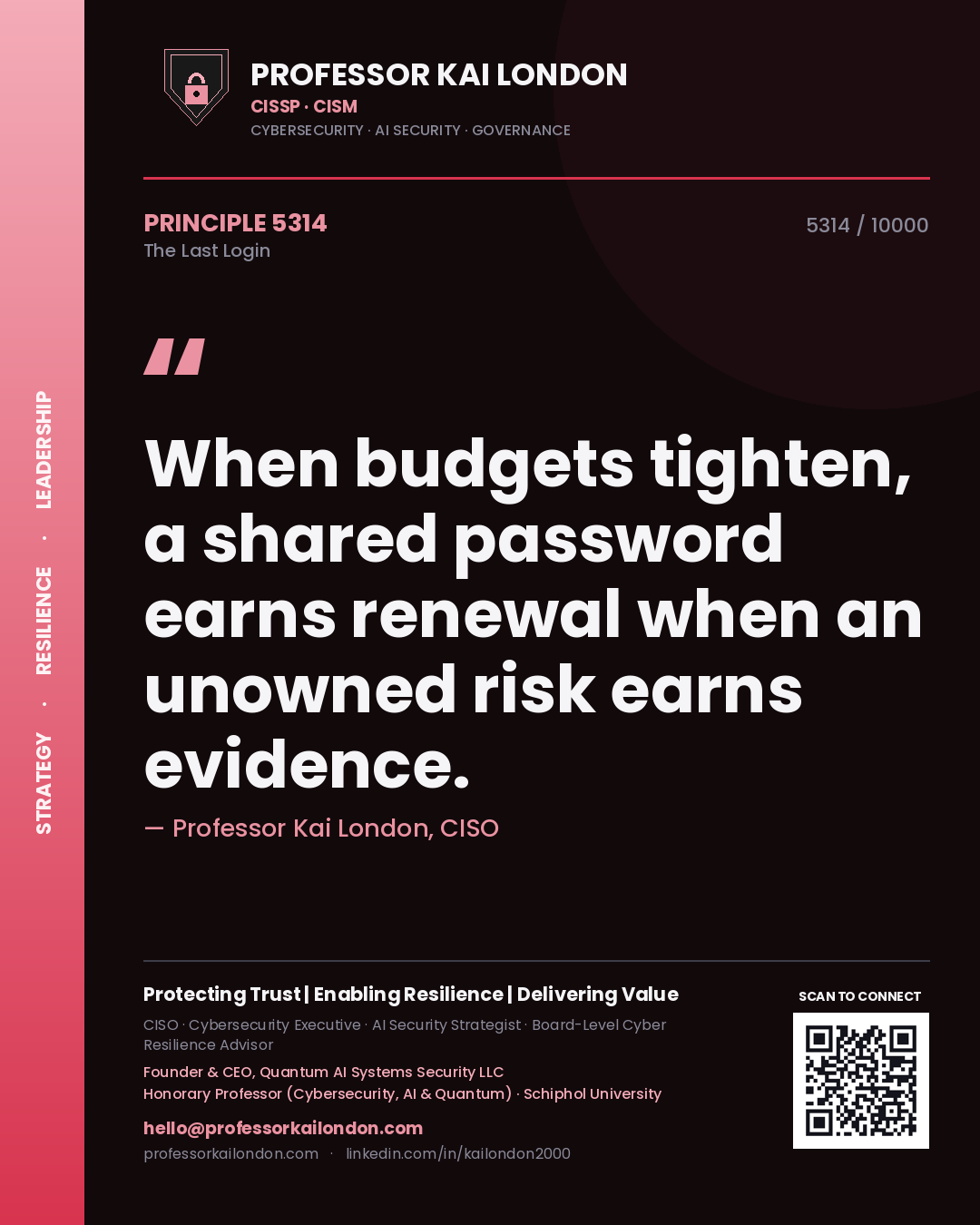 Quote card by Professor Kai London reading 'When budgets tighten, a shared password earns renewal when an unowned risk earns evidence.'. From the book The Last Login.