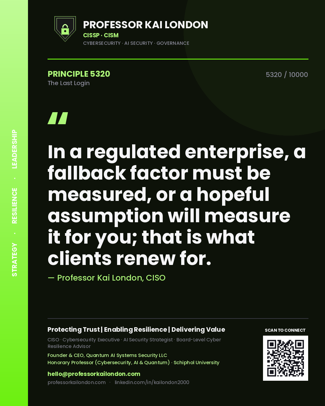 Professor Kai London principle 5320: In a regulated enterprise, a fallback factor must be measured, or a hopeful assumption will measure it for you; that is what clients renew for.
