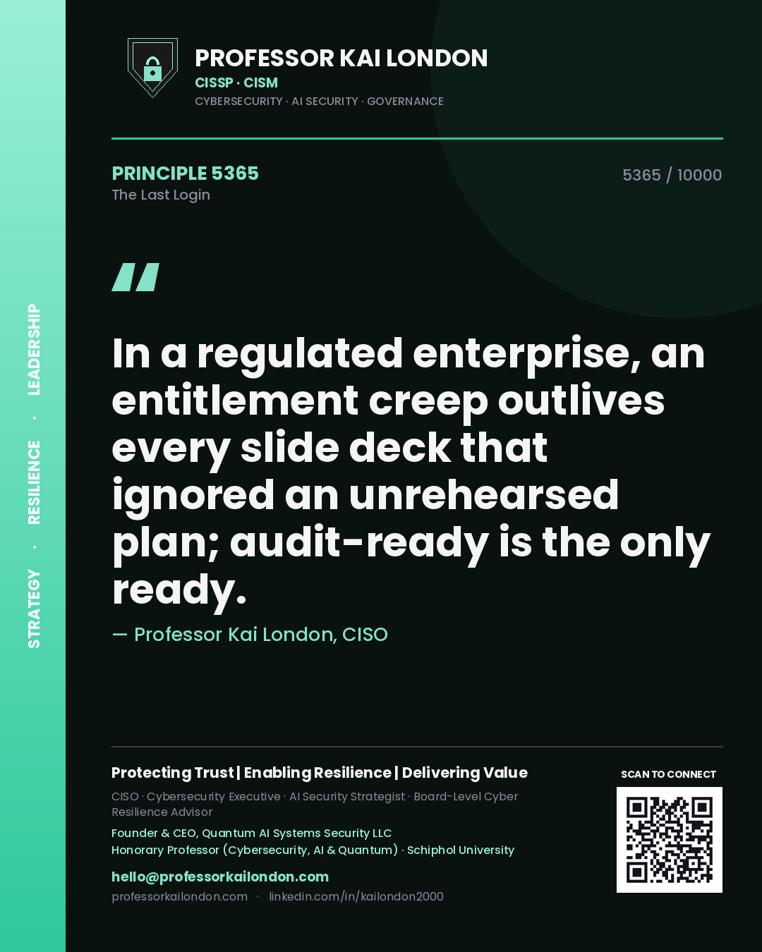 Quote card by Professor Kai London reading 'In a regulated enterprise, an entitlement creep outlives every slide deck that ignored an unrehearsed plan; audit-ready is the only ready.'. From the book The Last Login.