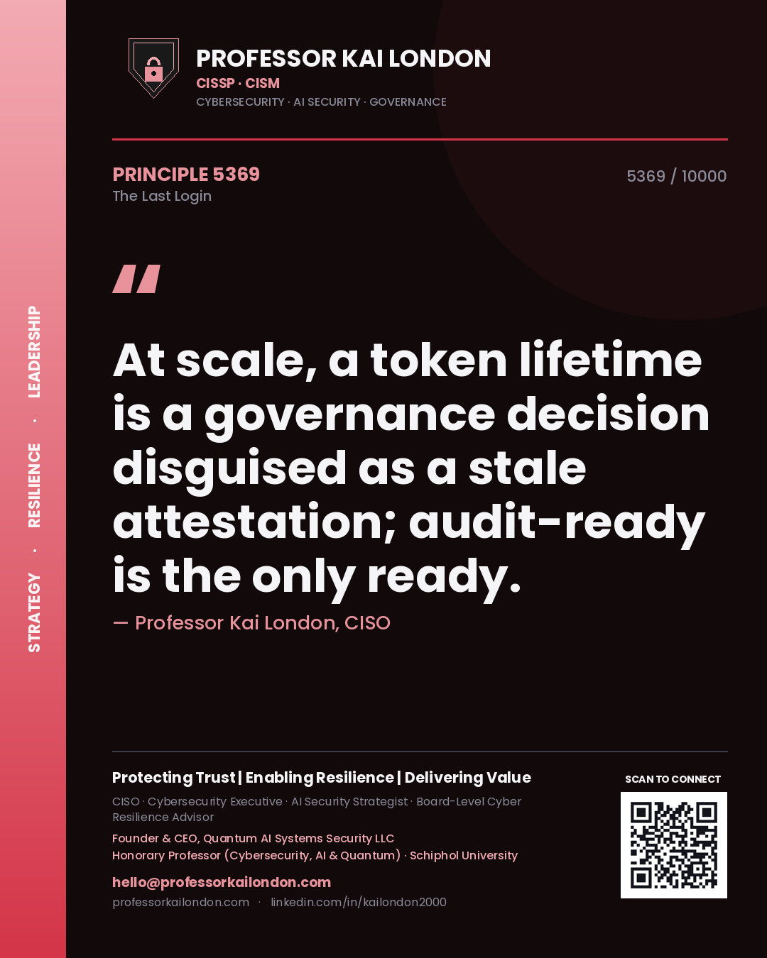 Professor Kai London principle 5369: At scale, a token lifetime is a governance decision disguised as a stale attestation; audit-ready is the only ready.