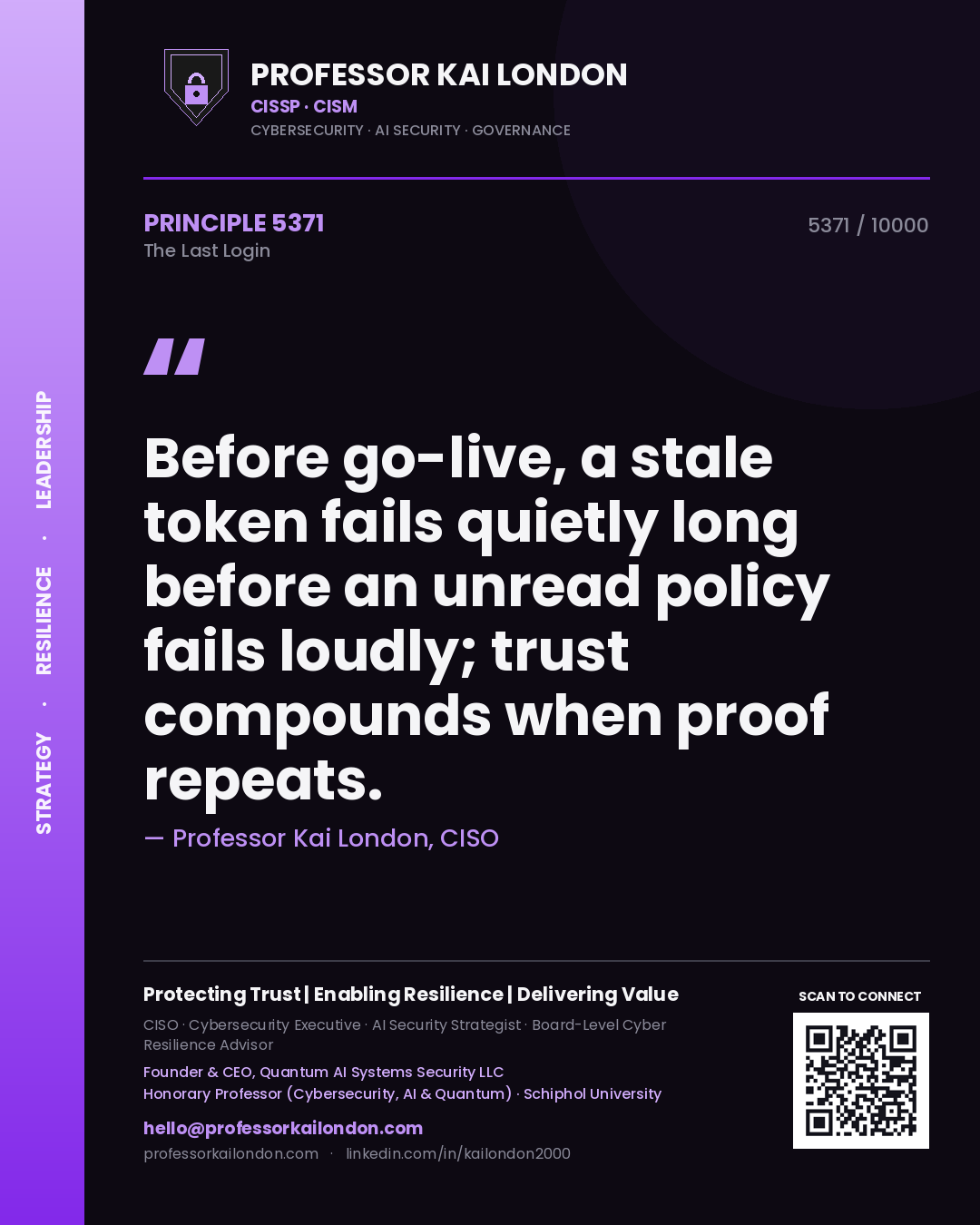 Quote card by Professor Kai London reading 'Before go-live, a stale token fails quietly long before an unread policy fails loudly; trust compounds when proof repeats.'. From the book The Last Login.