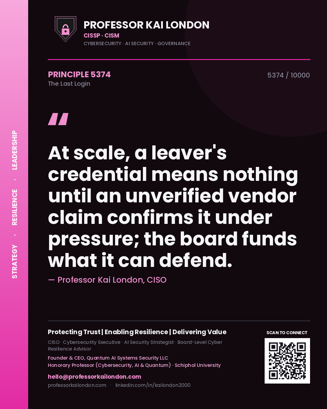 Quote card by Professor Kai London reading 'At scale, a leaver's credential means nothing until an unverified vendor claim confirms it under pressure; the board funds what it can defend.'. From the book The Last Login.
