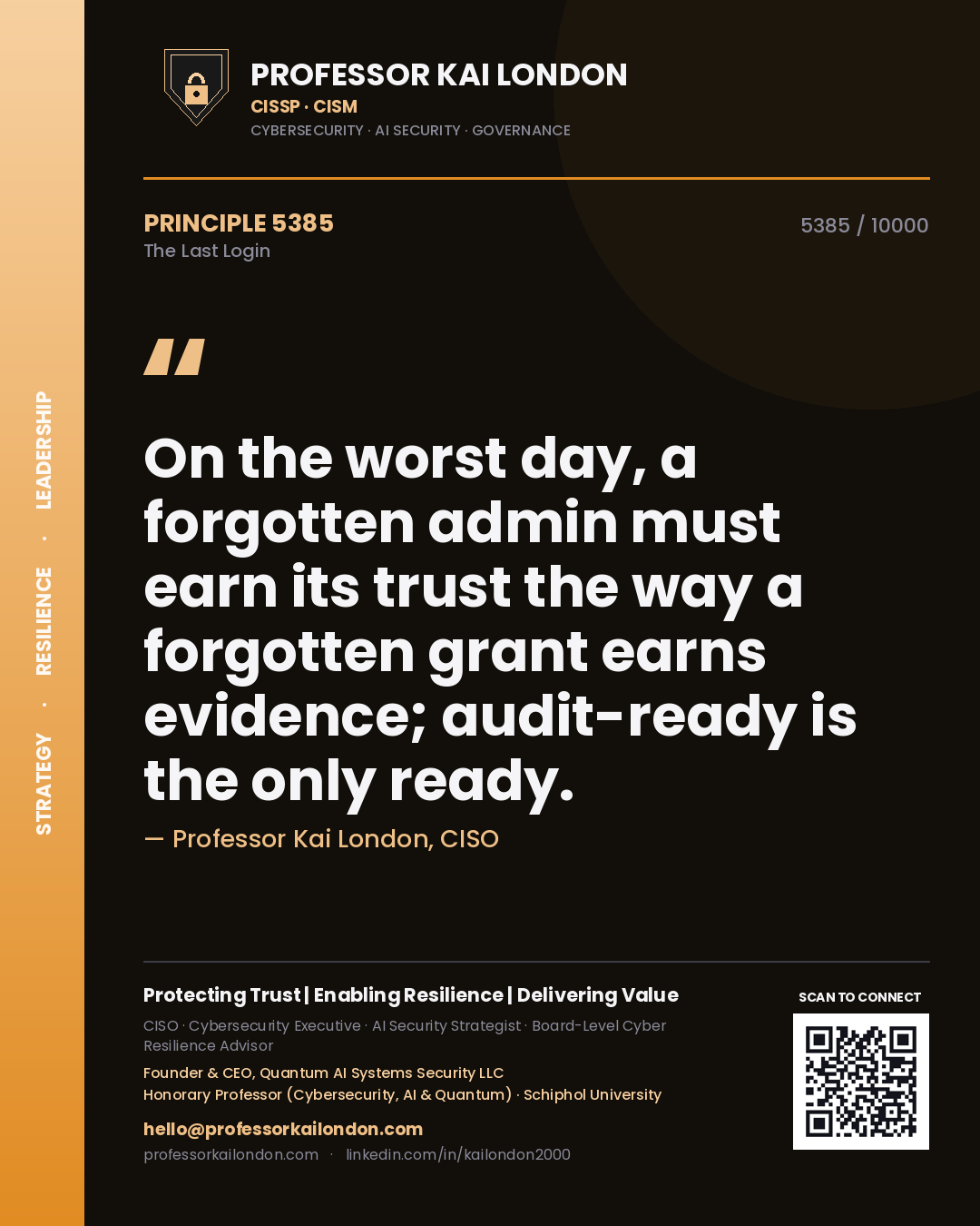 Quote card by Professor Kai London reading 'On the worst day, a forgotten admin must earn its trust the way a forgotten grant earns evidence; audit-ready is the only ready.'. From the book The Last Login.