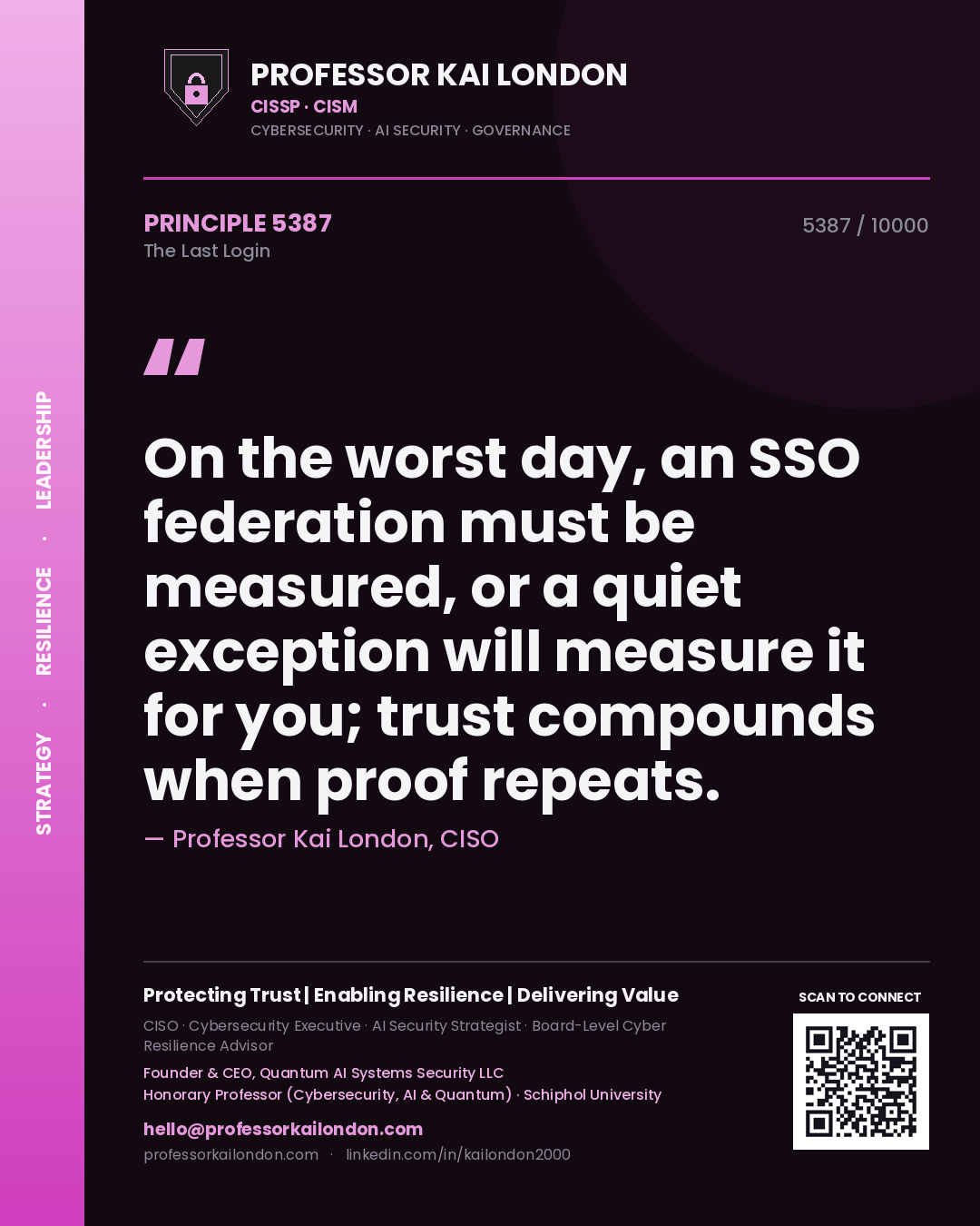 Professor Kai London principle 5387: On the worst day, an SSO federation must be measured, or a quiet exception will measure it for you; trust compounds when proof repeats.