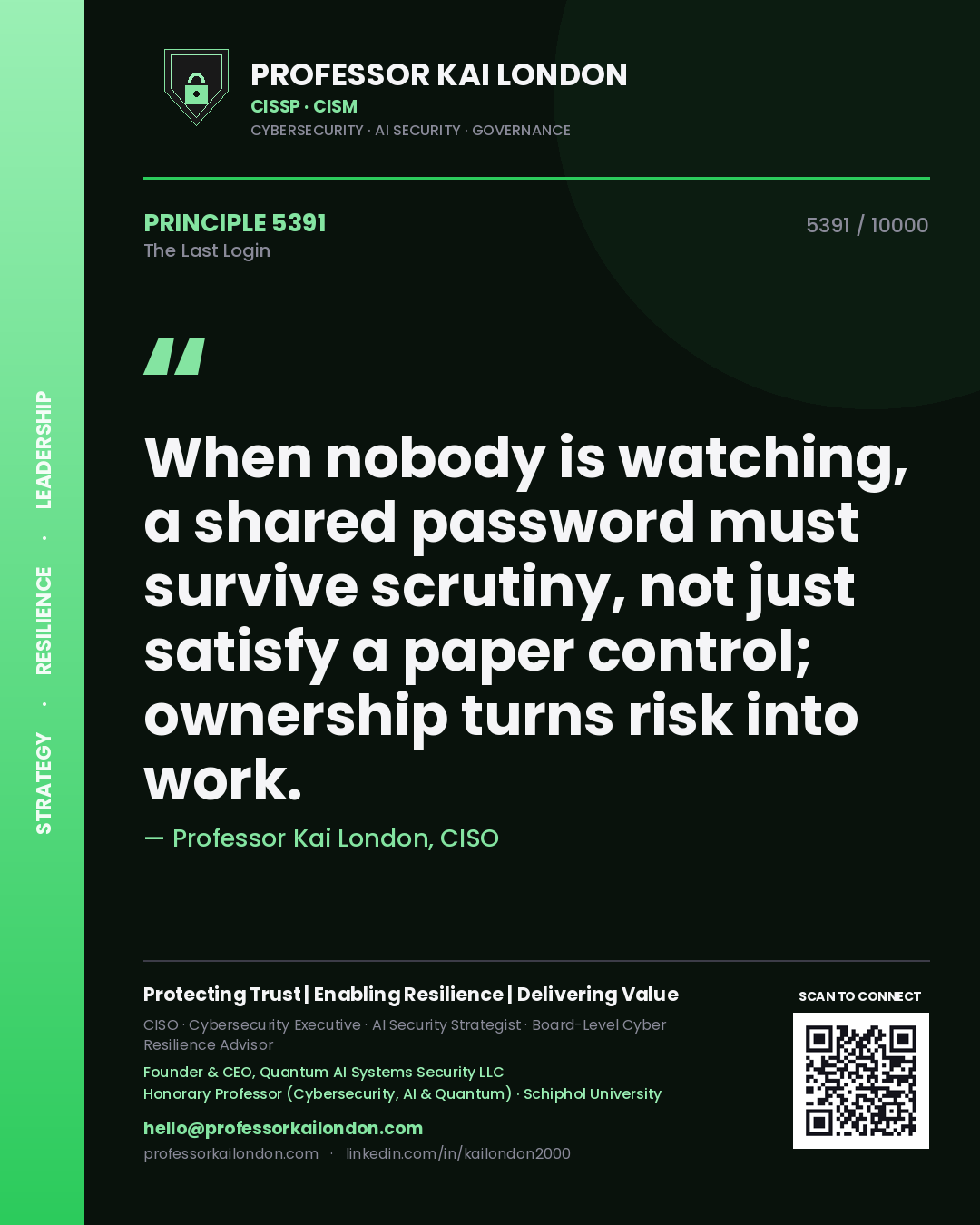 Quote card by Professor Kai London reading 'When nobody is watching, a shared password must survive scrutiny, not just satisfy a paper control; ownership turns risk into work.'. From the book The Last Login.