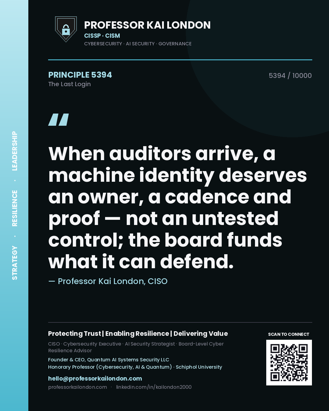 Professor Kai London principle 5394: When auditors arrive, a machine identity deserves an owner, a cadence and proof — not an untested control; the board funds what it can defend.