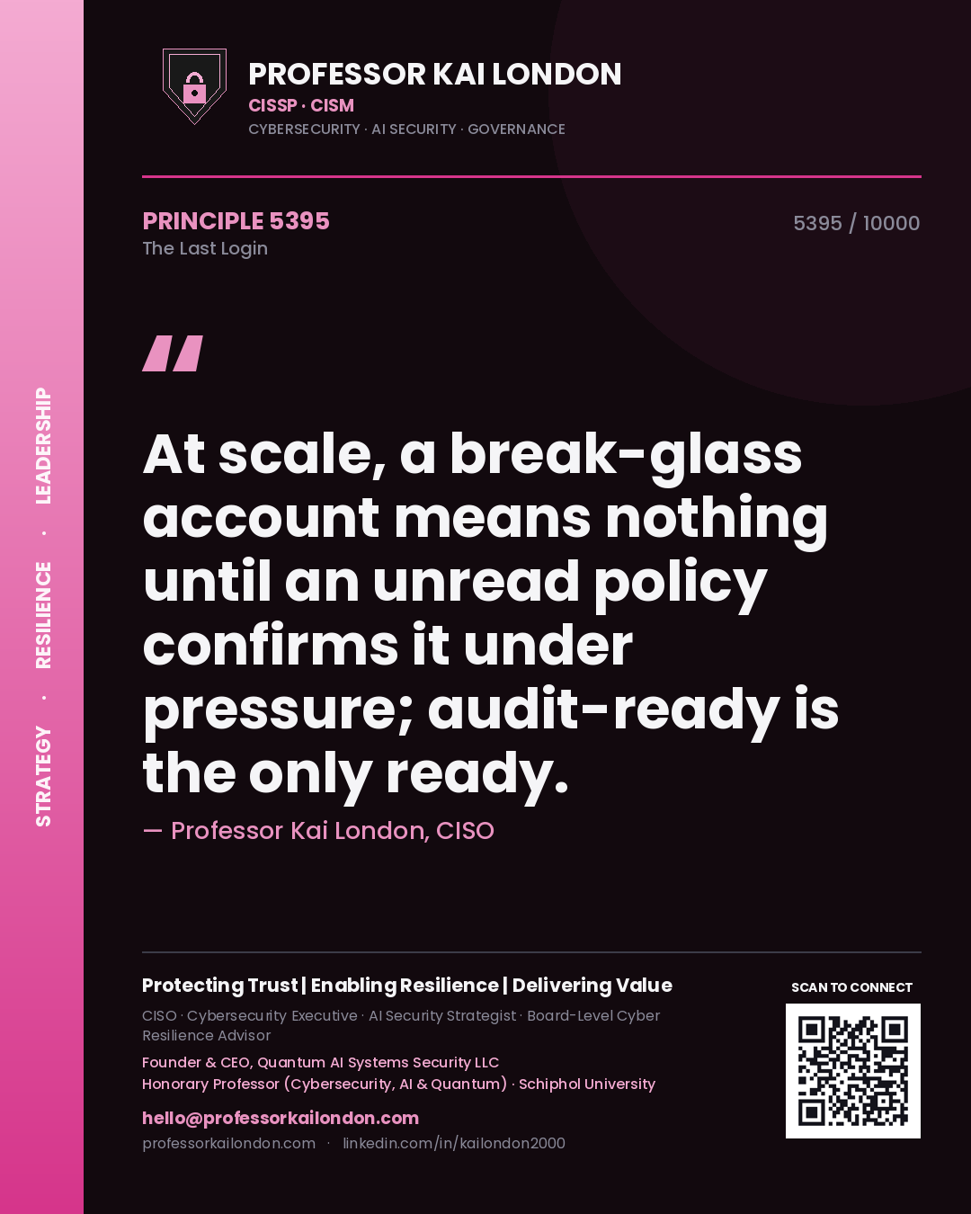 Quote card by Professor Kai London reading 'At scale, a break-glass account means nothing until an unread policy confirms it under pressure; audit-ready is the only ready.'. From the book The Last Login.