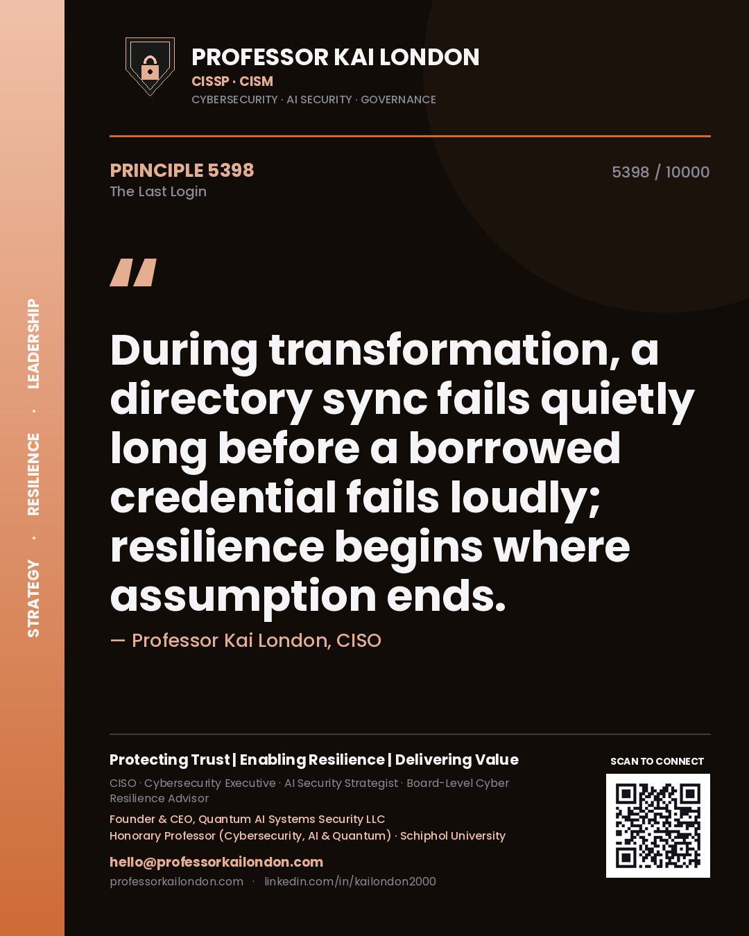 Quote card by Professor Kai London reading 'During transformation, a directory sync fails quietly long before a borrowed credential fails loudly; resilience begins where assumption ends.'. From the book The Last Login.