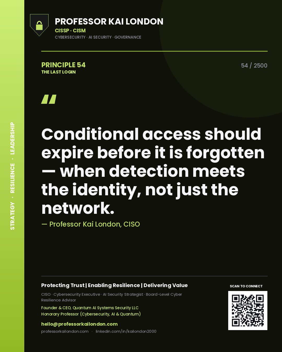 Quote card by Professor Kai London reading 'Conditional access should expire before it is forgotten — when detection meets the identity, not just the network.'. From the book The Last Login.