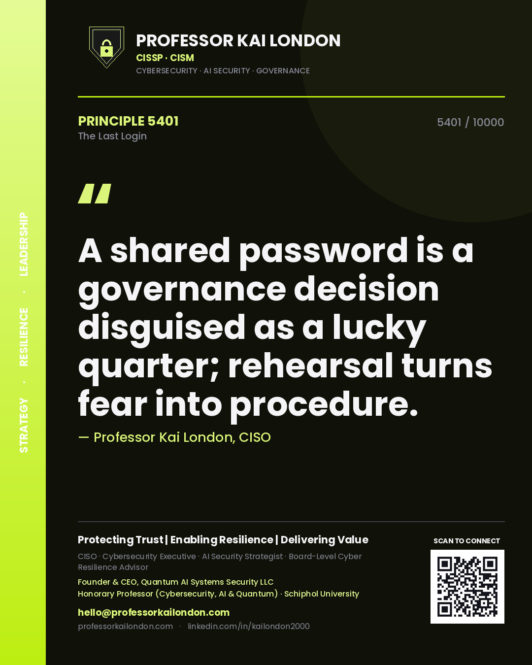 Quote card by Professor Kai London reading 'A shared password is a governance decision disguised as a lucky quarter; rehearsal turns fear into procedure.'. From the book The Last Login.