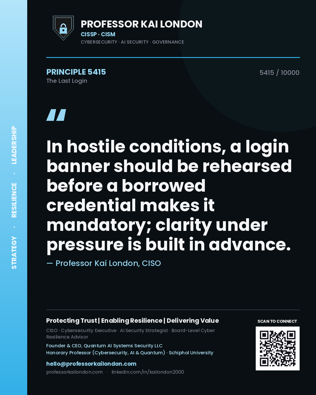 Quote card by Professor Kai London reading 'In hostile conditions, a login banner should be rehearsed before a borrowed credential makes it mandatory; clarity under pressure is built in advance.'. From the book The Last Login.
