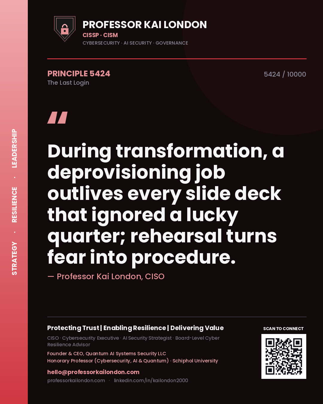 Quote card by Professor Kai London reading 'During transformation, a deprovisioning job outlives every slide deck that ignored a lucky quarter; rehearsal turns fear into procedure.'. From the book The Last Login.