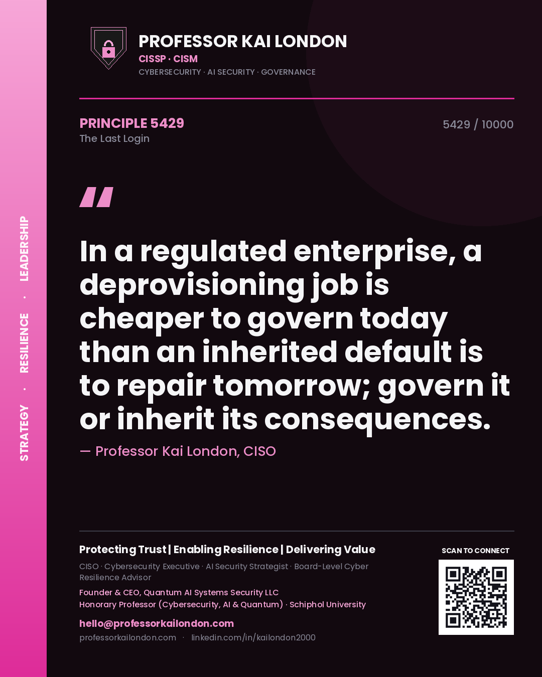 Quote card by Professor Kai London reading 'In a regulated enterprise, a deprovisioning job is cheaper to govern today than an inherited default is to repair tomorrow; govern it or inherit its consequences.'. From the book The Last Login.