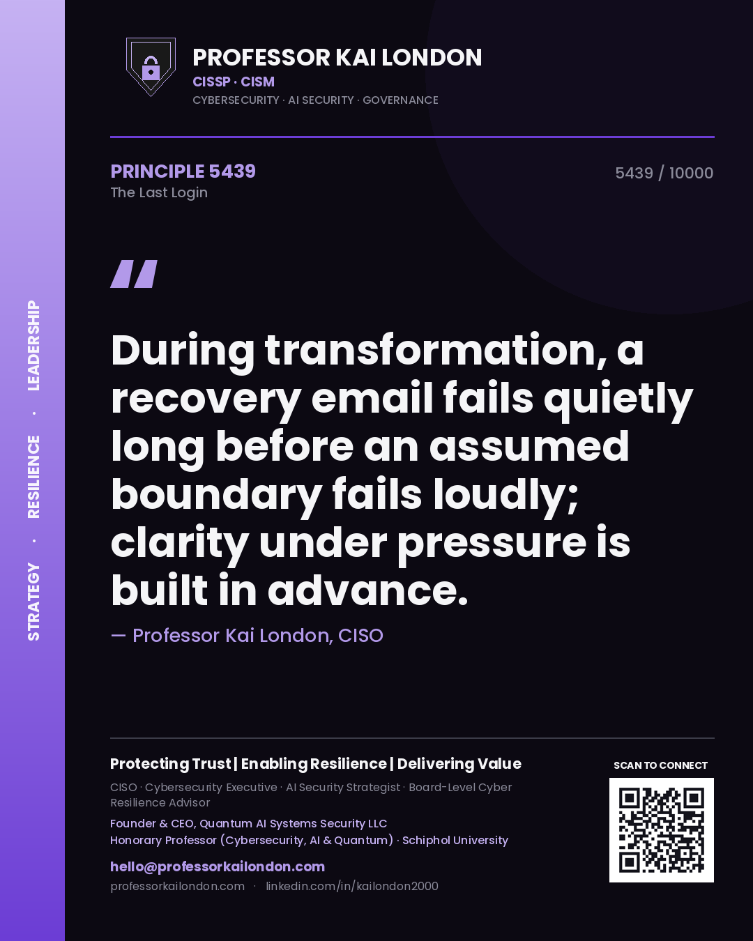 Professor Kai London principle 5439: During transformation, a recovery email fails quietly long before an assumed boundary fails loudly; clarity under pressure is built in advance.