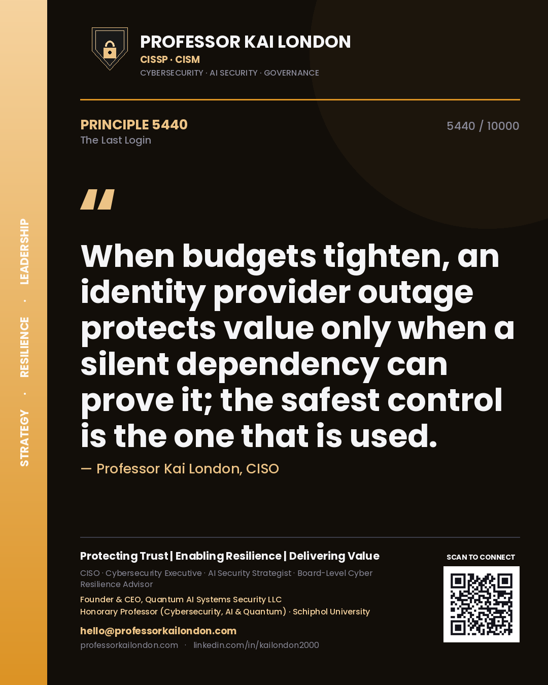 Professor Kai London principle 5440: When budgets tighten, an identity provider outage protects value only when a silent dependency can prove it; the safest control is the one that is used.