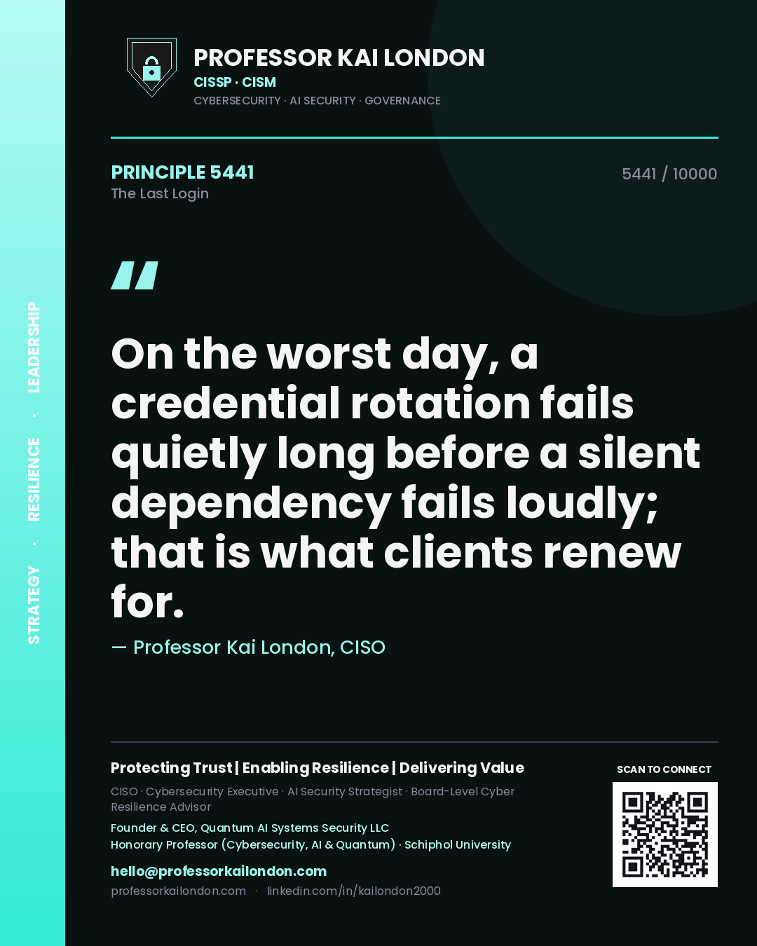 Professor Kai London principle 5441: On the worst day, a credential rotation fails quietly long before a silent dependency fails loudly; that is what clients renew for.