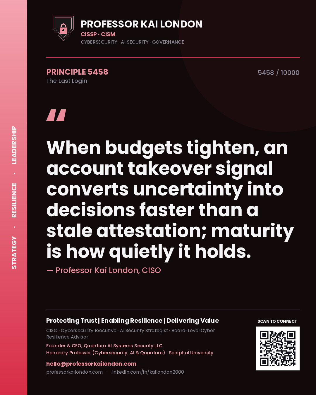 Quote card by Professor Kai London reading 'When budgets tighten, an account takeover signal converts uncertainty into decisions faster than a stale attestation; maturity is how quietly it holds.'. From the book The Last Login.