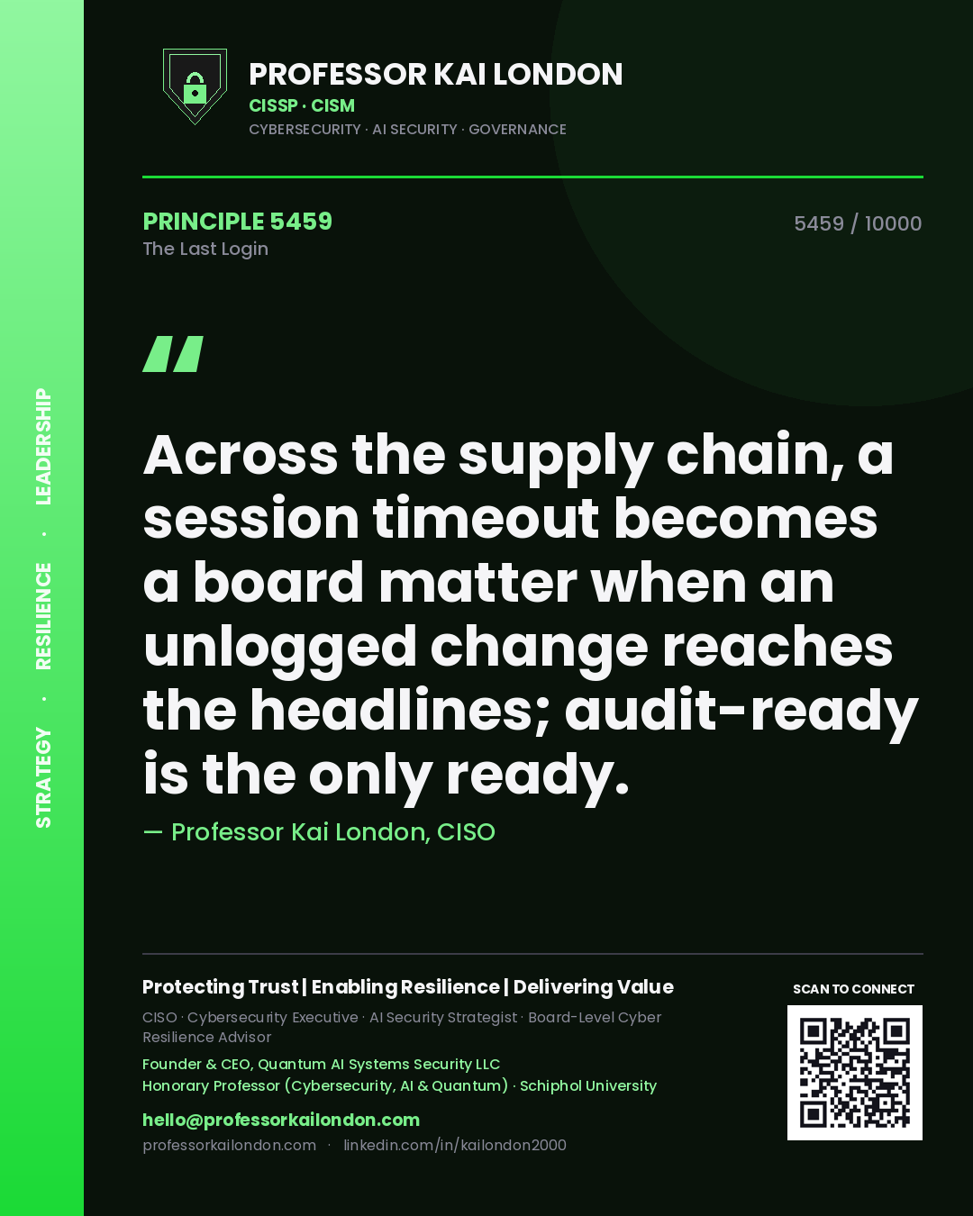 Professor Kai London principle 5459: Across the supply chain, a session timeout becomes a board matter when an unlogged change reaches the headlines; audit-ready is the only ready.