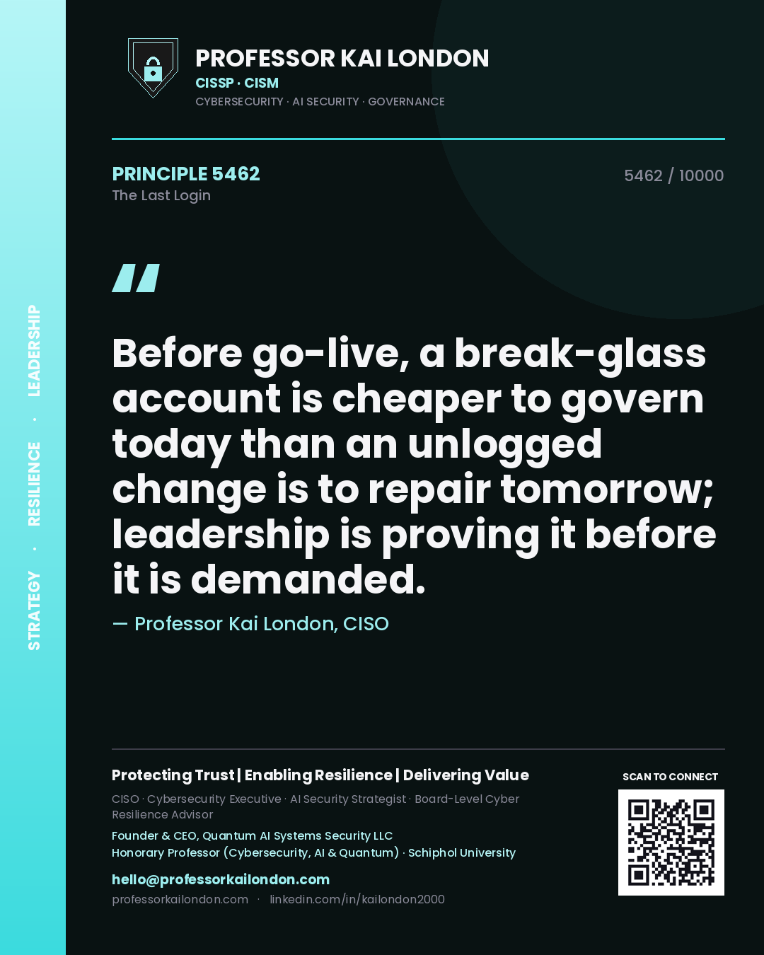 Professor Kai London principle 5462: Before go-live, a break-glass account is cheaper to govern today than an unlogged change is to repair tomorrow; leadership is proving it before it is demanded.