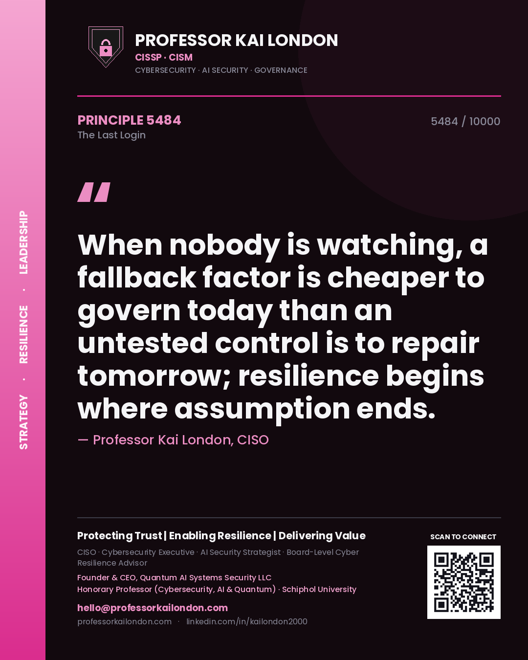 Professor Kai London principle 5484: When nobody is watching, a fallback factor is cheaper to govern today than an untested control is to repair tomorrow; resilience begins where assumption ends.