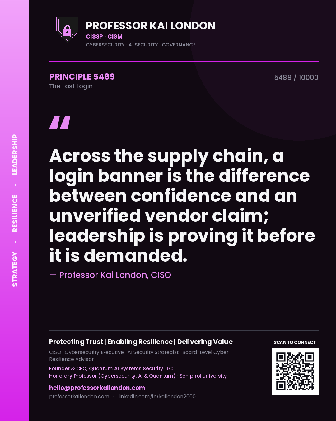 Professor Kai London principle 5489: Across the supply chain, a login banner is the difference between confidence and an unverified vendor claim; leadership is proving it before it is demanded.