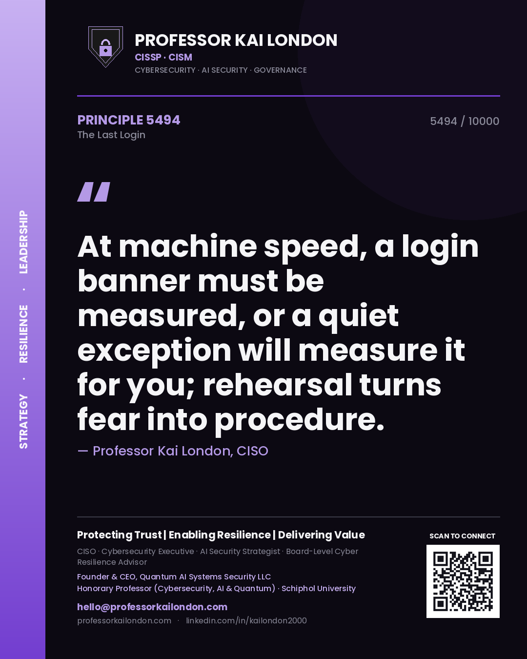 Quote card by Professor Kai London reading 'At machine speed, a login banner must be measured, or a quiet exception will measure it for you; rehearsal turns fear into procedure.'. From the book The Last Login.